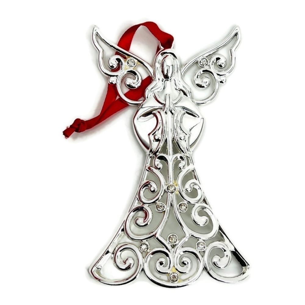 LENOX Sparkle and Scroll Clear Crystal Silver-plated Angel Ornament 5” Ribboned